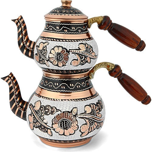 Hand-hammered copper caydanlik two-tier teapot set stacked together