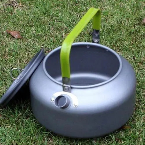 Open vintage aluminum kettle showing clean interior and wide mouth