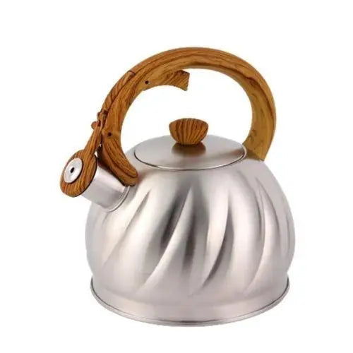 Gray stainless steel whistling tea kettle front view