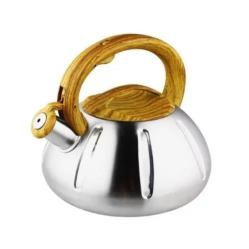 Stainless steel vintage whistling kettle with curved wooden handle, side view