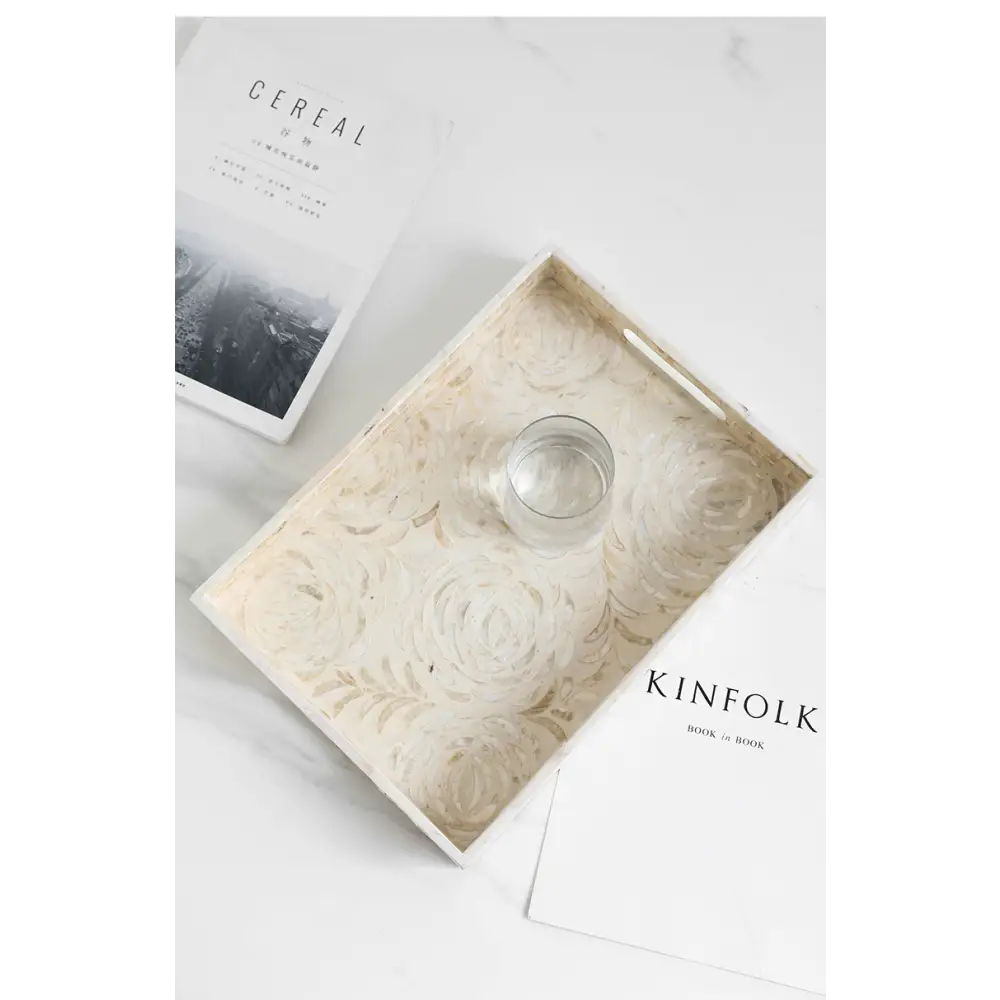 White tea tray with cups and teapot