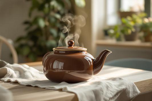 Round full bellied brown glazed ceramic teapot with a glossy manganese brown finish, gently steaming on a wooden table
