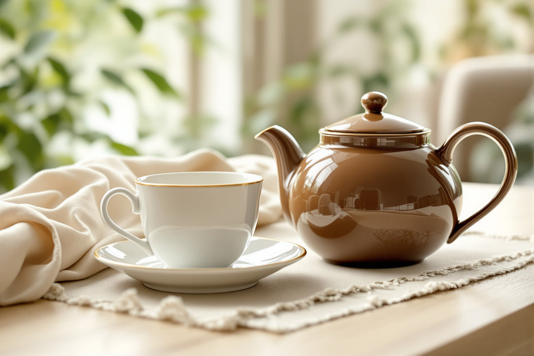 Classic English tea setting with a rounded brown ceramic teapot, a white teacup and saucer, a milk jug and a sugar bowl