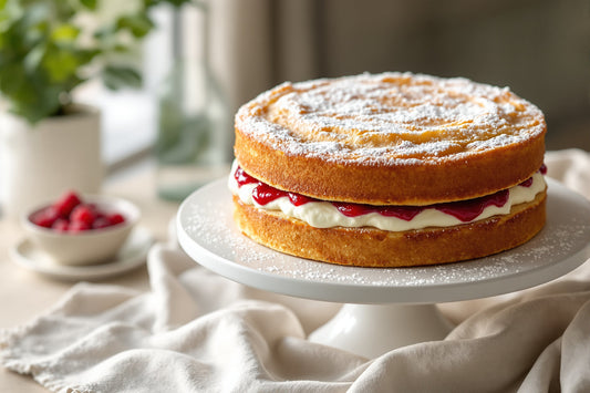 Whole two layer Victoria sponge cake filled with raspberry jam and whipped cream, dusted with icing sugar, on a white cake stand