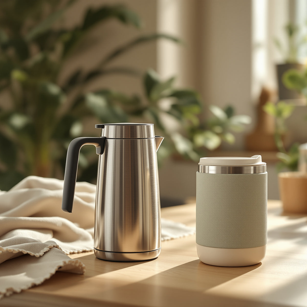 Compact travel kettle and insulated mug for hot tea on the road