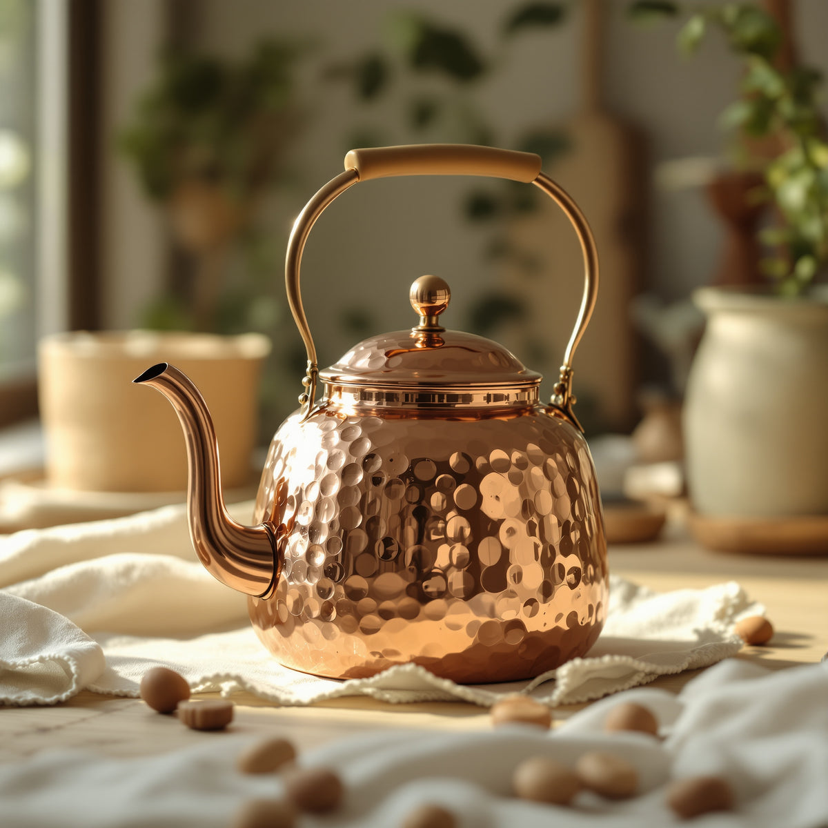 Hand hammered copper teapot in natural window light