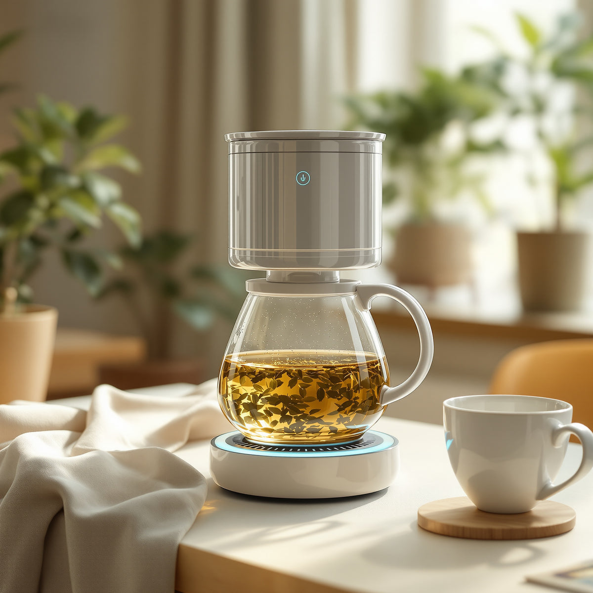 Glass electric tea maker with tea leaves steeping inside the carafe