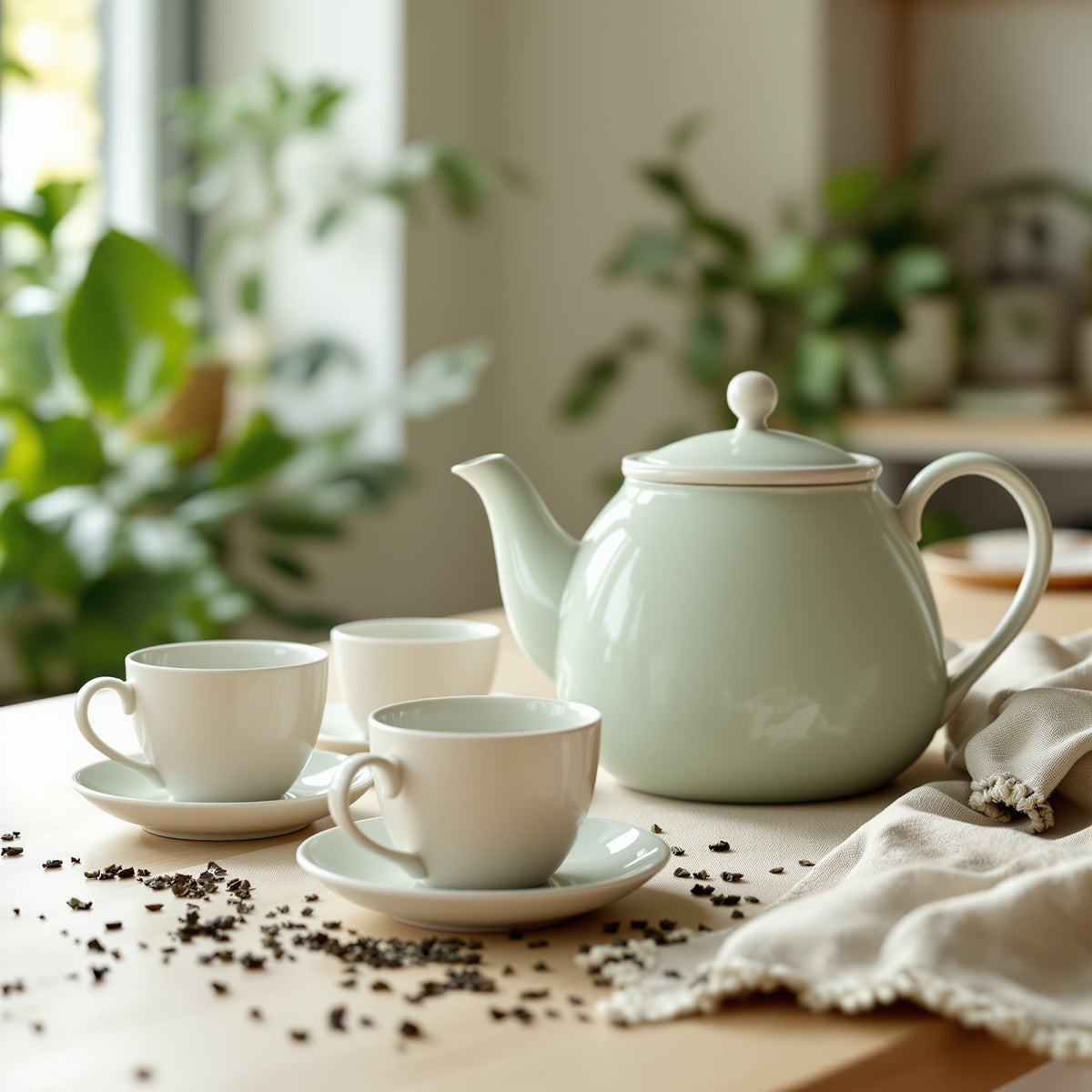 Extra large family teapot with four cups and loose tea leaves