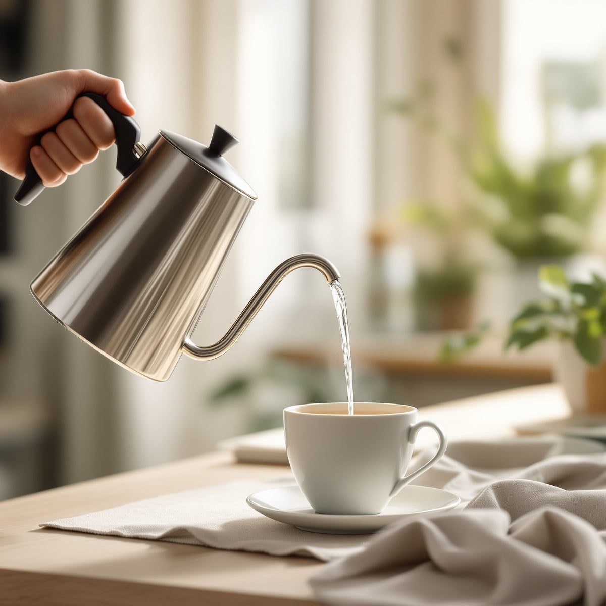 Gooseneck kettle pouring a thin precise stream of hot water into a cup