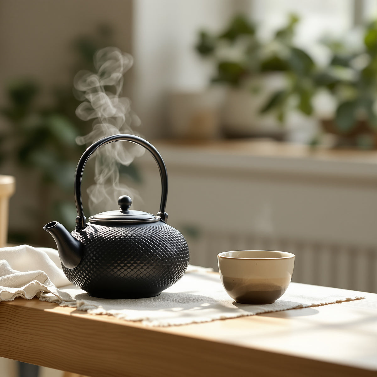 Black Japanese cast iron tetsubin teapot with a ceramic cup