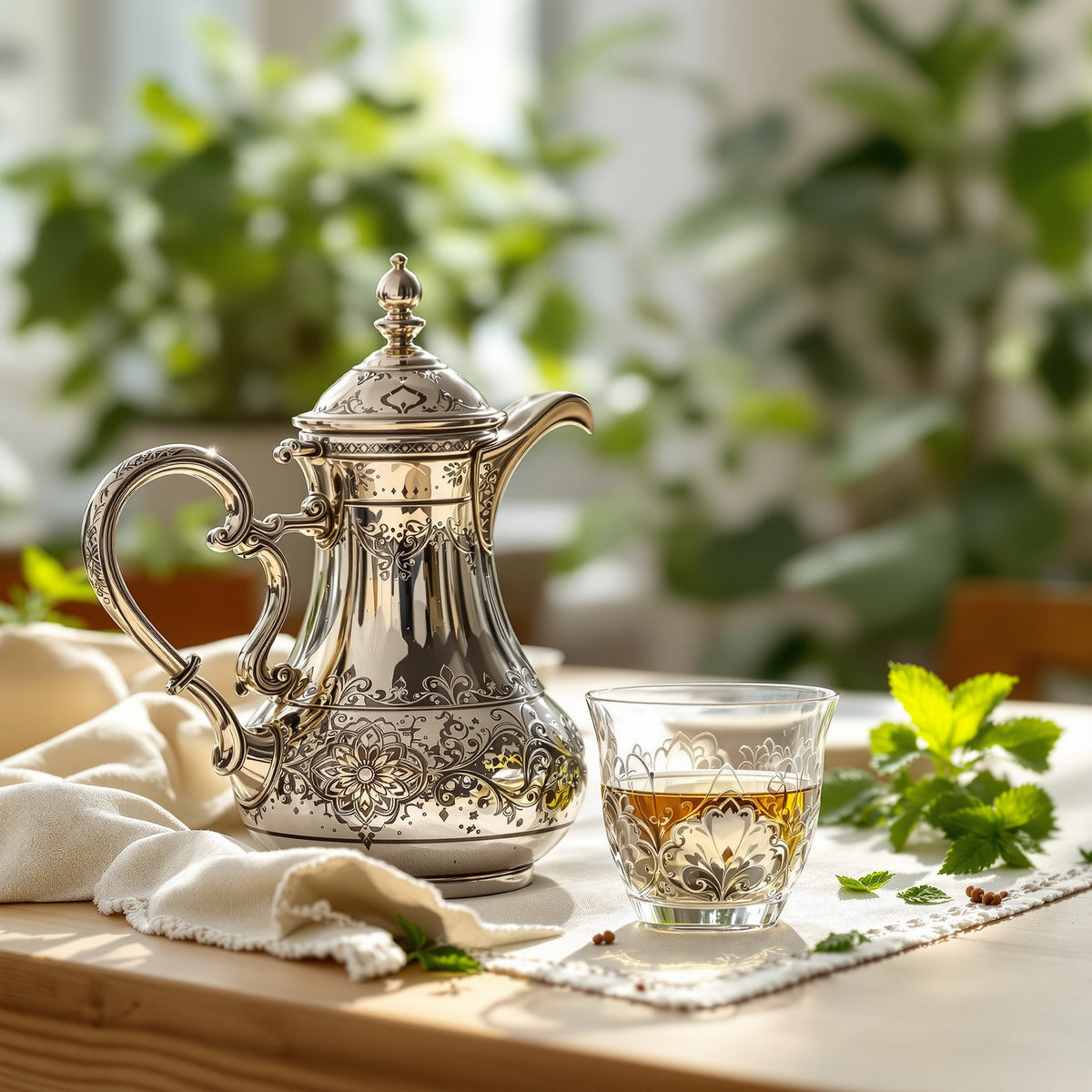 Ornate Moroccan teapot poured into a decorated tea glass with mint