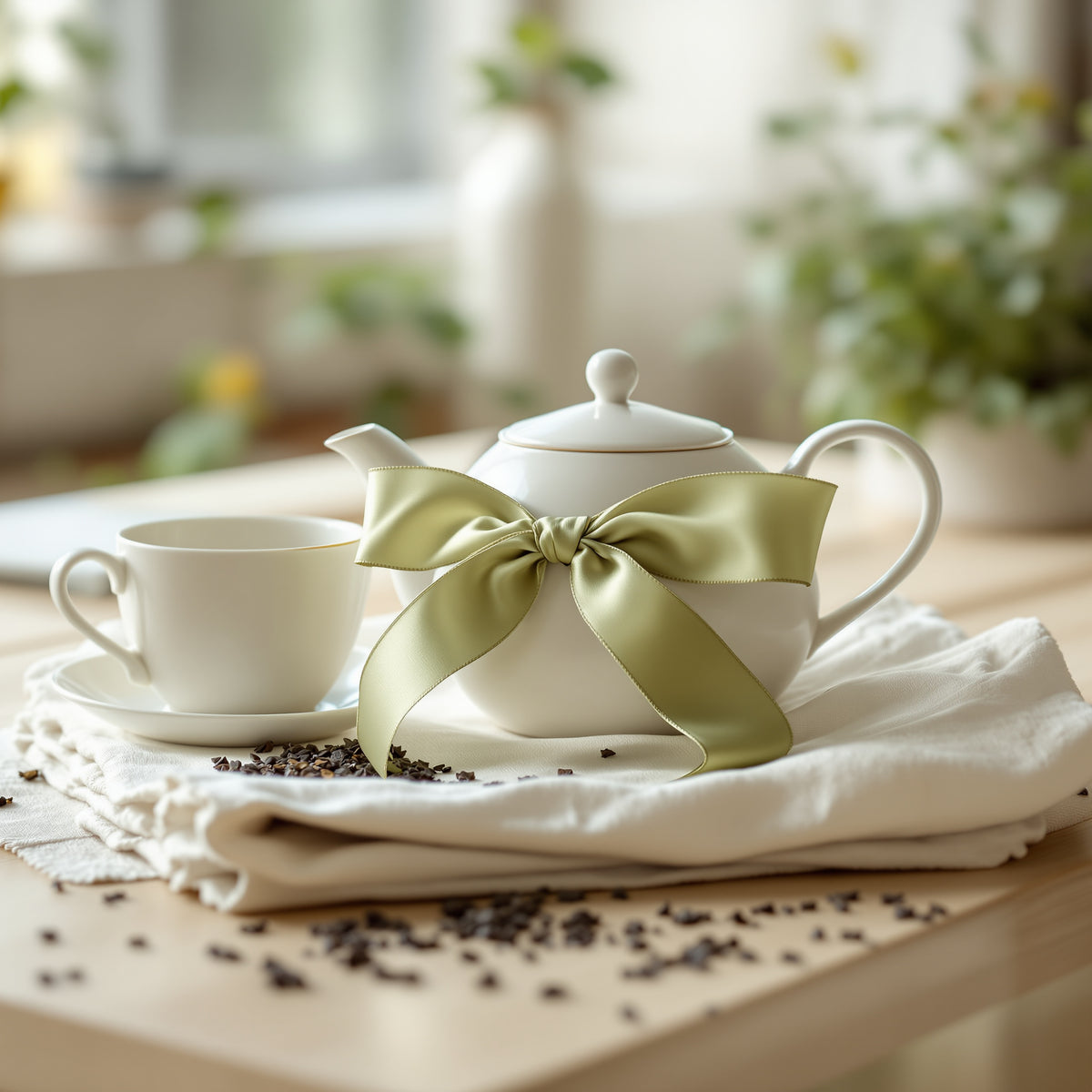 Tea gift set, teapot and cup tied with a sage green ribbon
