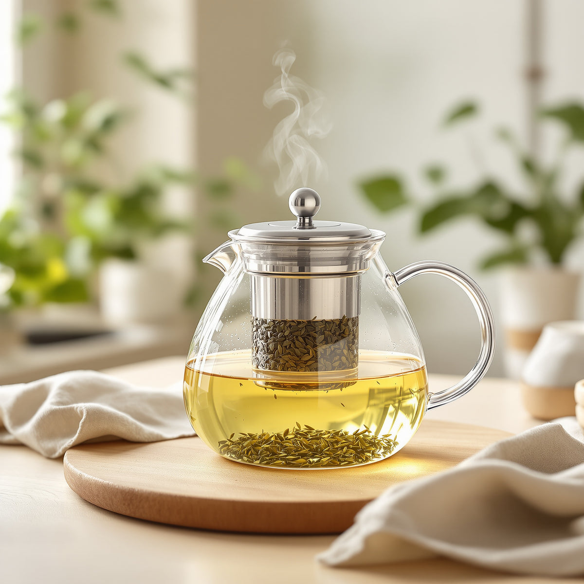 Glass teapot with a removable stainless steel infuser basket