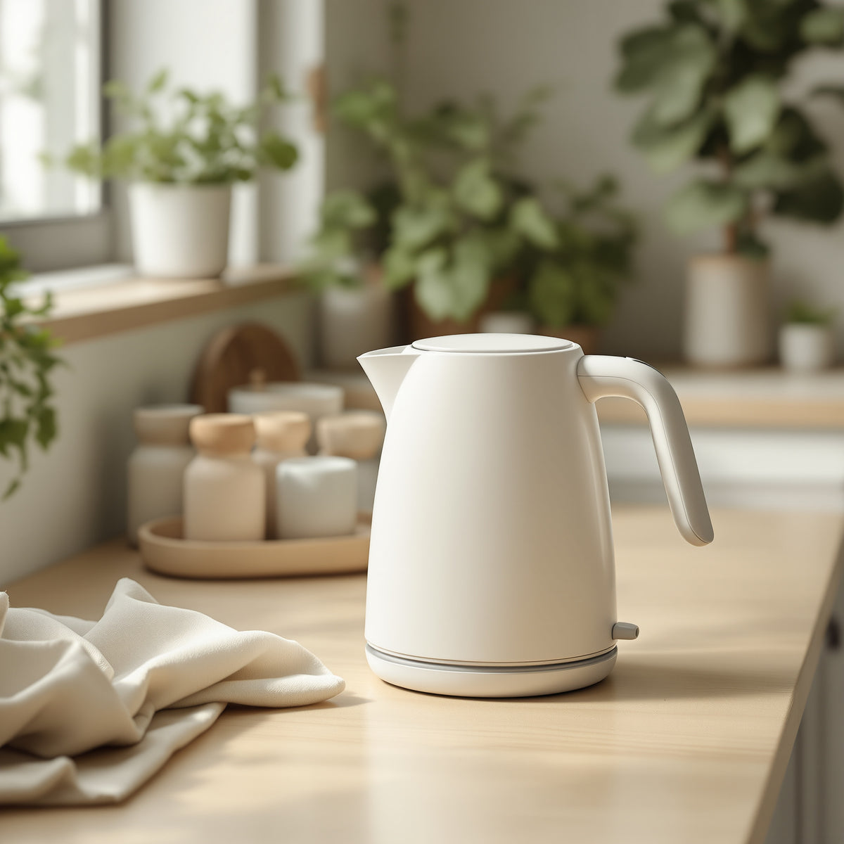 Matte white electric kettle on a light wooden kitchen counter