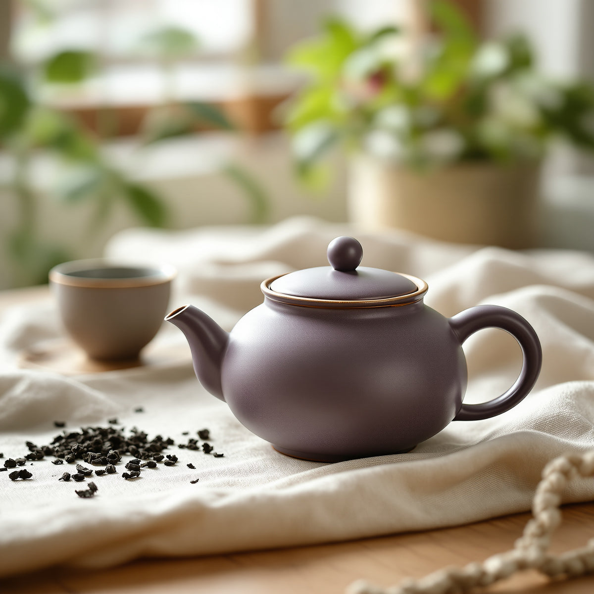 Unglazed Yixing purple clay teapot with loose tea leaves