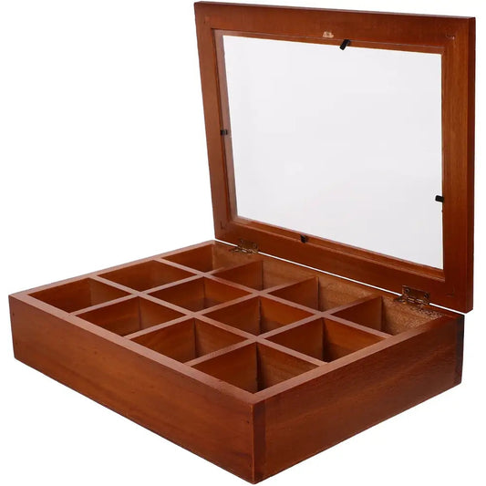 Bamboo tea bag organizer with 12 compartments, top view