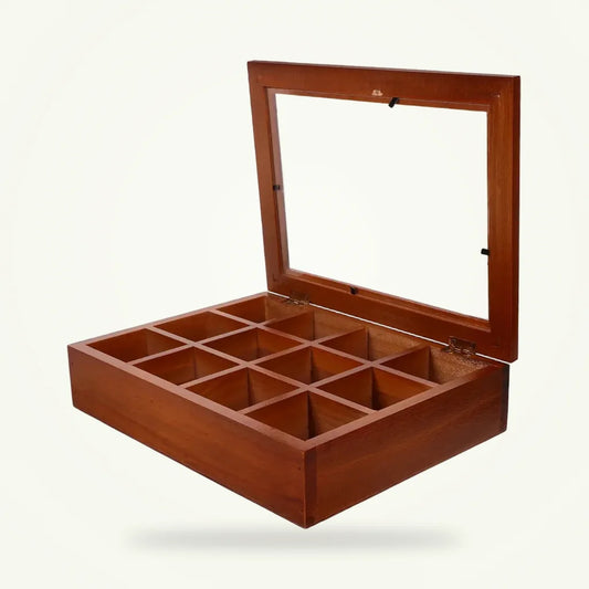 12-Compartment Bamboo Tea Bag Organizer Box, product photo on a plain background