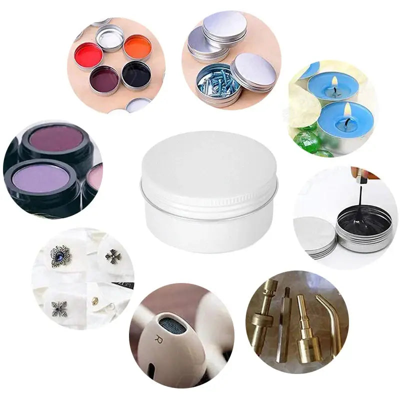 50-piece metal tea tin set organized on a shelf, five capacity sizes