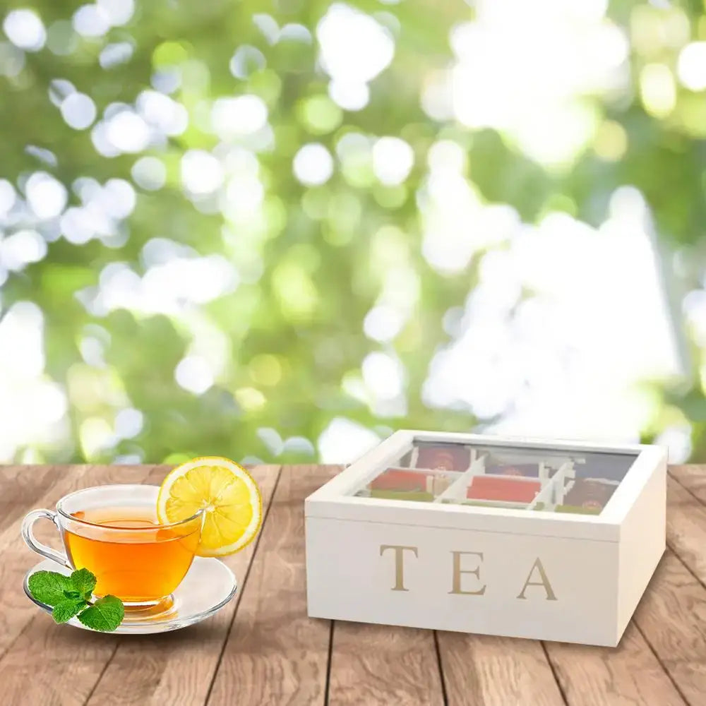 Wooden tea bag organizer box showing all 9 compartments under clear lid