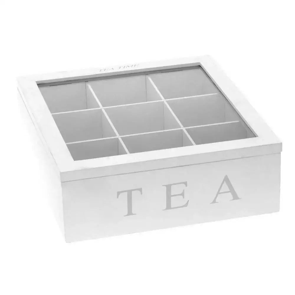 Close-up of 9-compartment wooden tea bag box showing individual slots