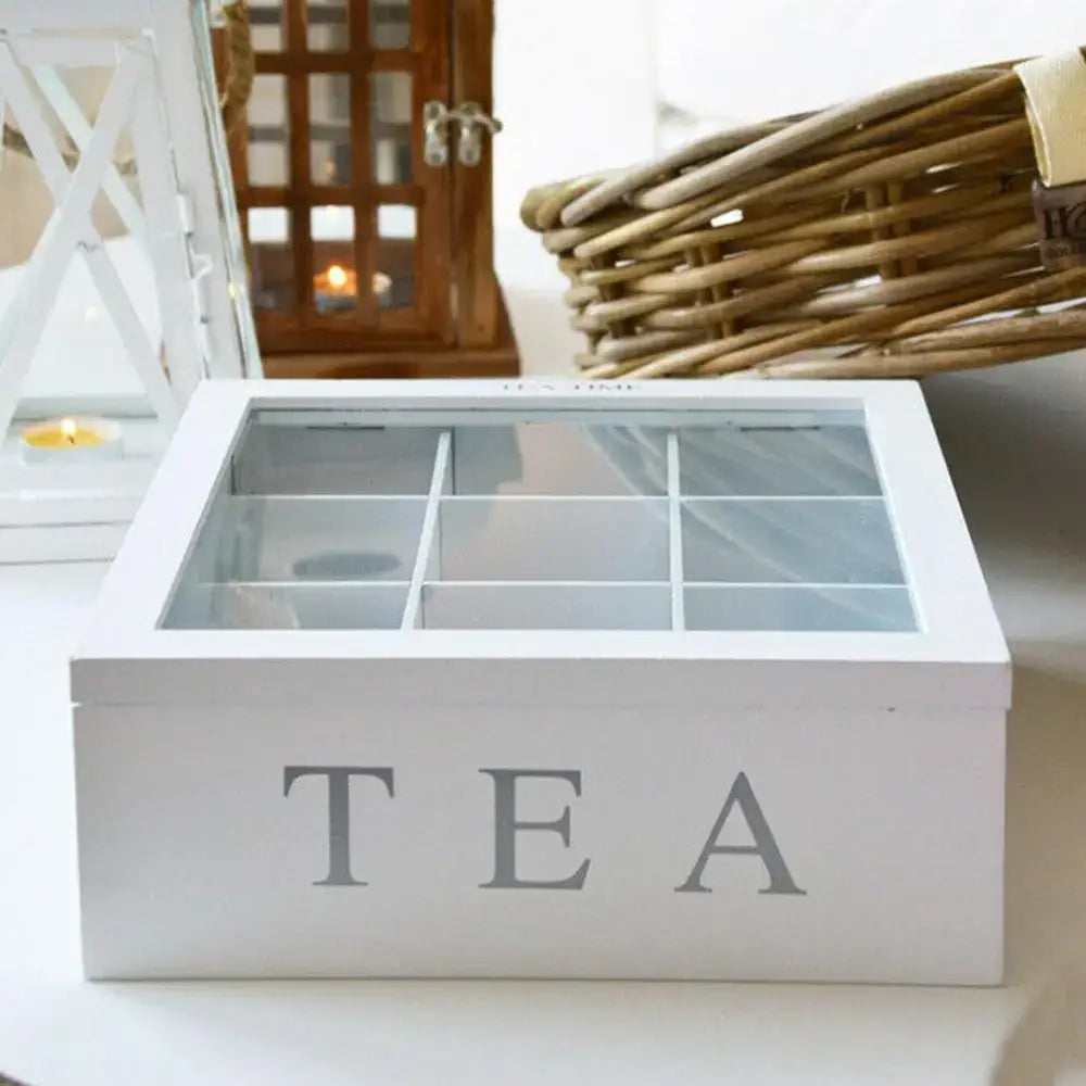 Natural wood tea bag storage box with see-through lid, side view
