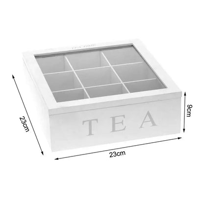 Wooden 9-slot tea bag organizer with clear lid on a kitchen shelf