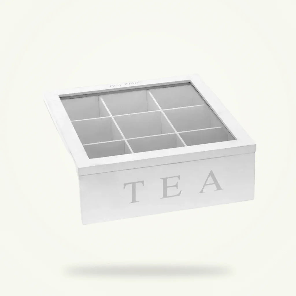 9-compartment wooden tea bag organizer box with clear lid, full product view