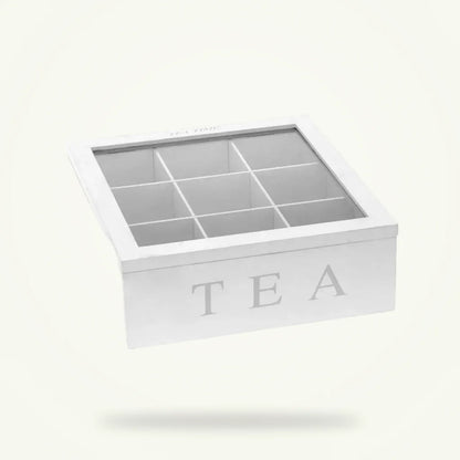 9-compartment wooden tea bag organizer box with clear lid, full product view