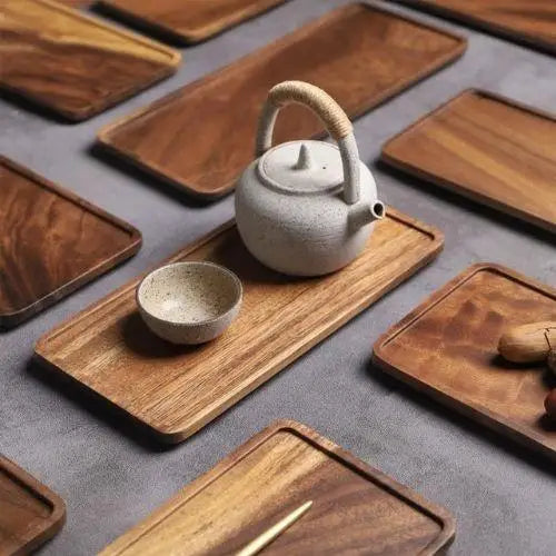 Acacia wood tea tray with teapot and cups
