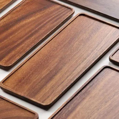 Brown acacia wood tea tray close up