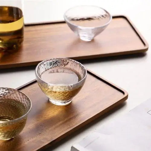 Acacia wood tea tray presentation with teapot