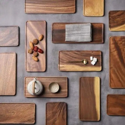 Acacia wood tea tray on a table