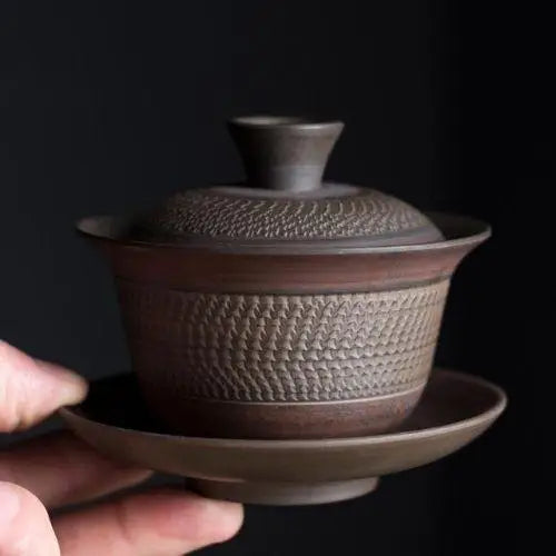 Handcrafted brown stoneware gaiwan tea bowl full presentation