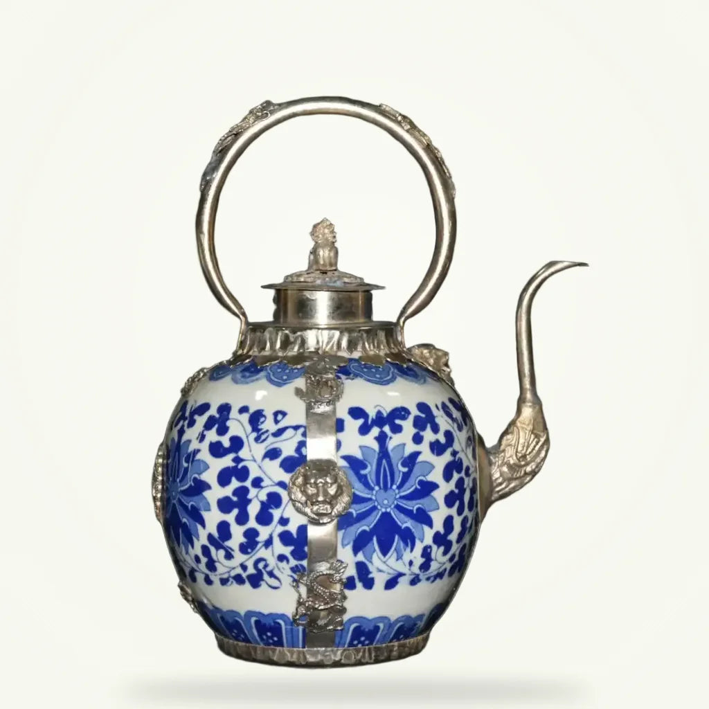 Antique Blue Porcelain Teapot, Classic 15x14x22cm Teapot for Loose Leaf Tea, product photo on a plain background