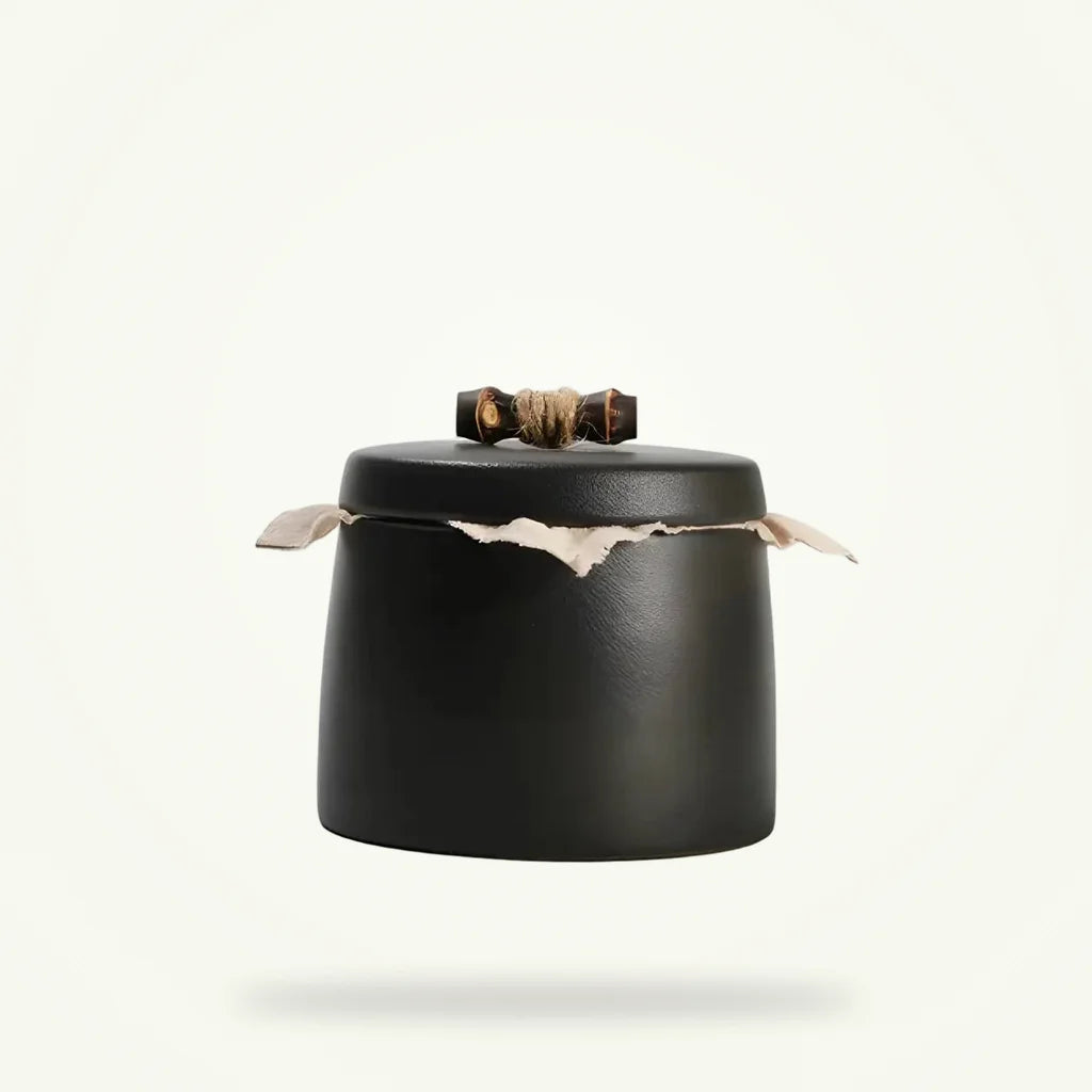 Antique ceramic tea canister with airtight lid on plain white background
