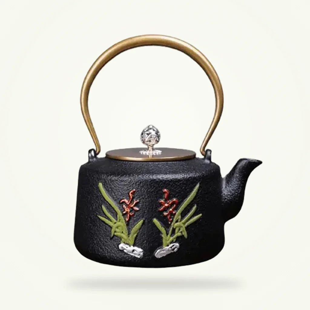 Artisan Floral Cast Iron Teapot, 1.2 Liter, Hand-Painted Enamel, product photo on a plain background