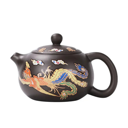 Black ceramic teapot with phoenix pattern