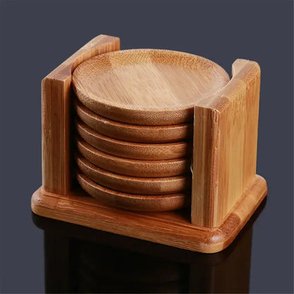 Bamboo coasters with a cup of tea on top