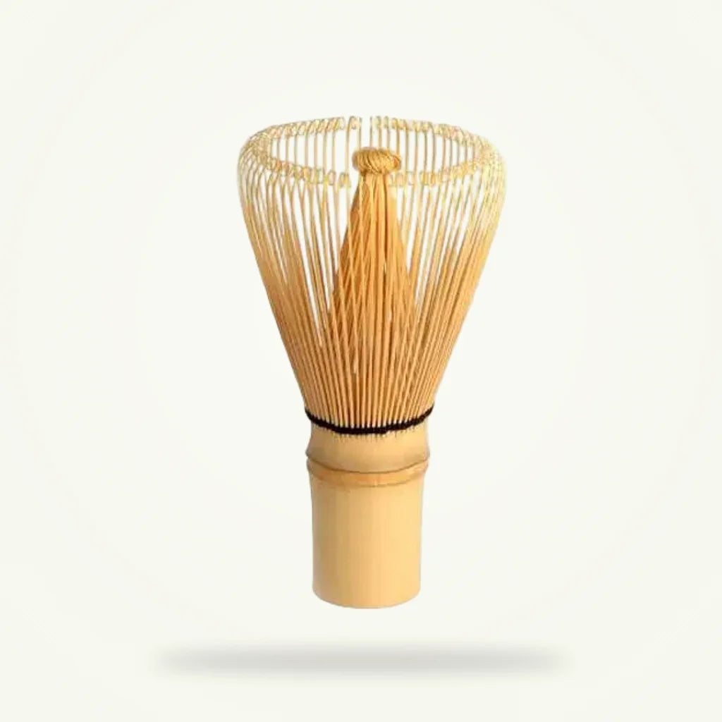 Bamboo matcha whisk chasen handcrafted in Japan, full product view on plain background