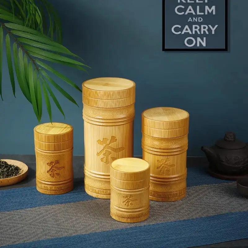 Airtight bamboo tea canister with natural finish, side angle