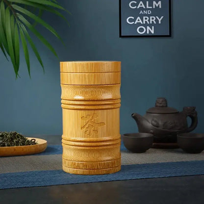 Large bamboo tea canister shown with lid open, interior view