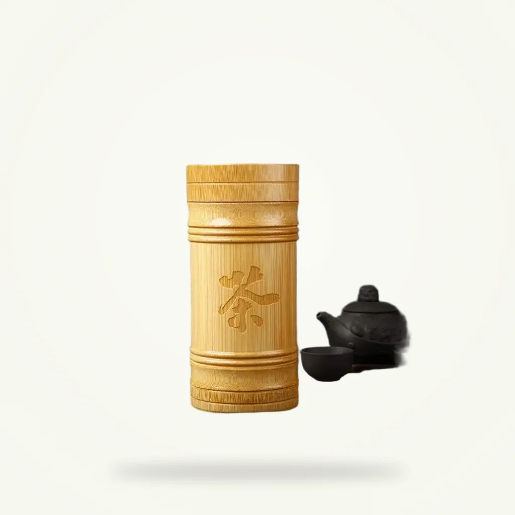 Bamboo tea canister with airtight lid, front view on neutral background