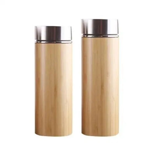 Two bamboo tea thermoses side by side showing both available sizes