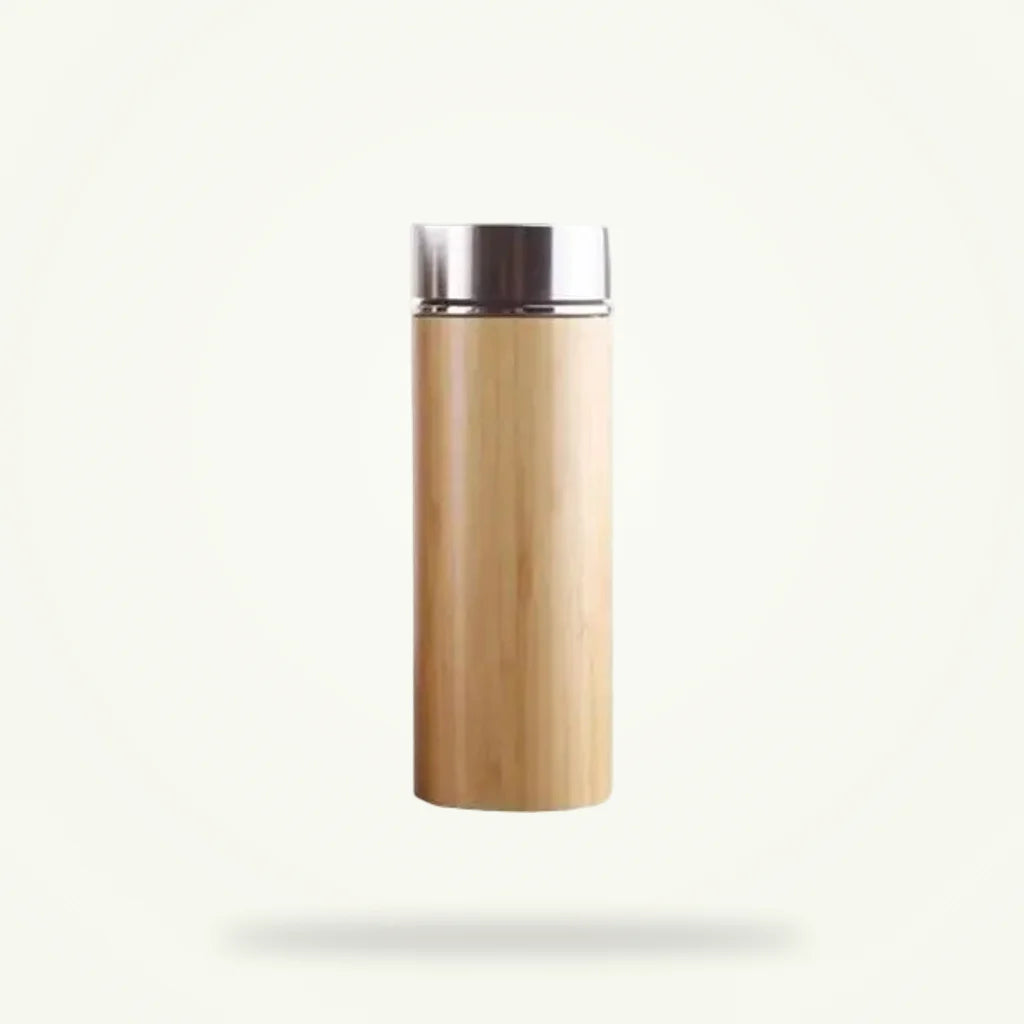 Bamboo Tea Thermos, Insulated Stainless Steel Tea Bottle with Infuser, product photo on a plain background