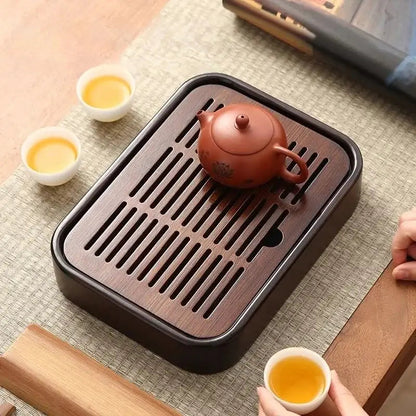 Bamboo tea tray with drip tray, 27x20x6 cm, top view
