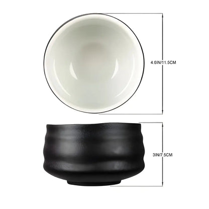 Black ceramic matcha bowl with size reference showing 11.5 cm width