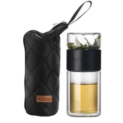 Black glass tea thermos with built-in stainless steel infuser inside