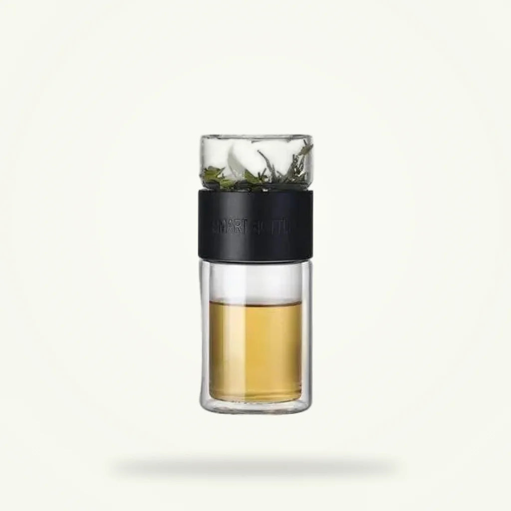 Black Glass Tea Thermos with Built-In Infuser, 200 ml, product photo on a plain background