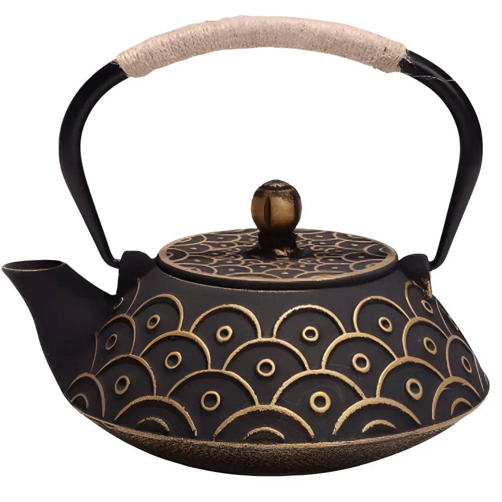 Black cast iron teapot with raised gold scale pattern, 34 oz