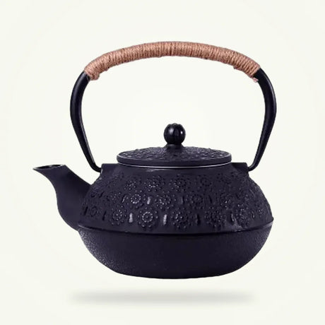 Black Japanese Cast Iron Teapot with Flower Engravings, 30 oz
